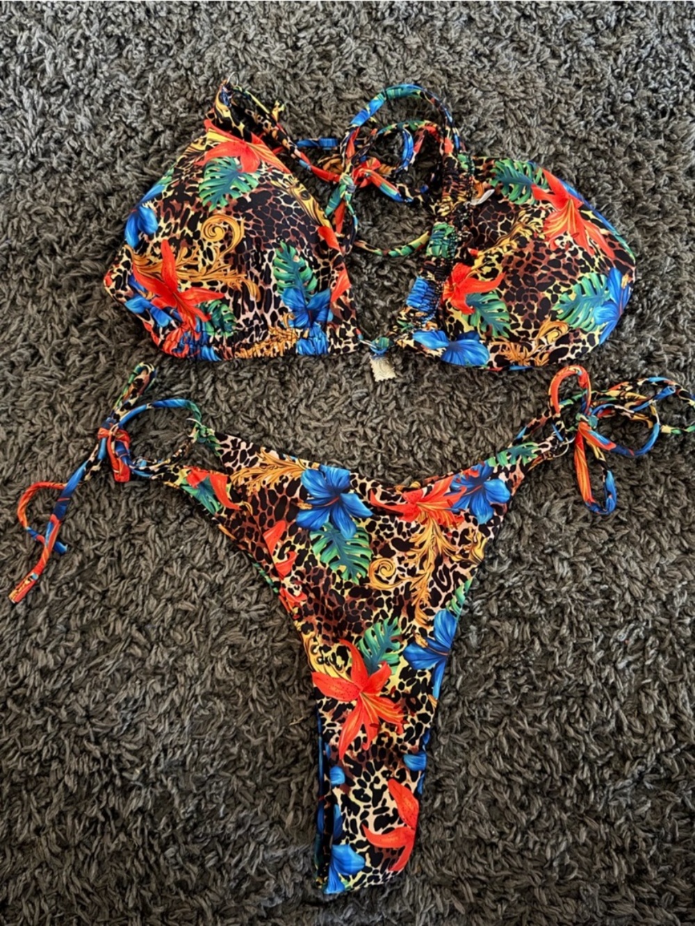 Floral Leopard Tie-Side One Piece Swimsuit - Multicolor